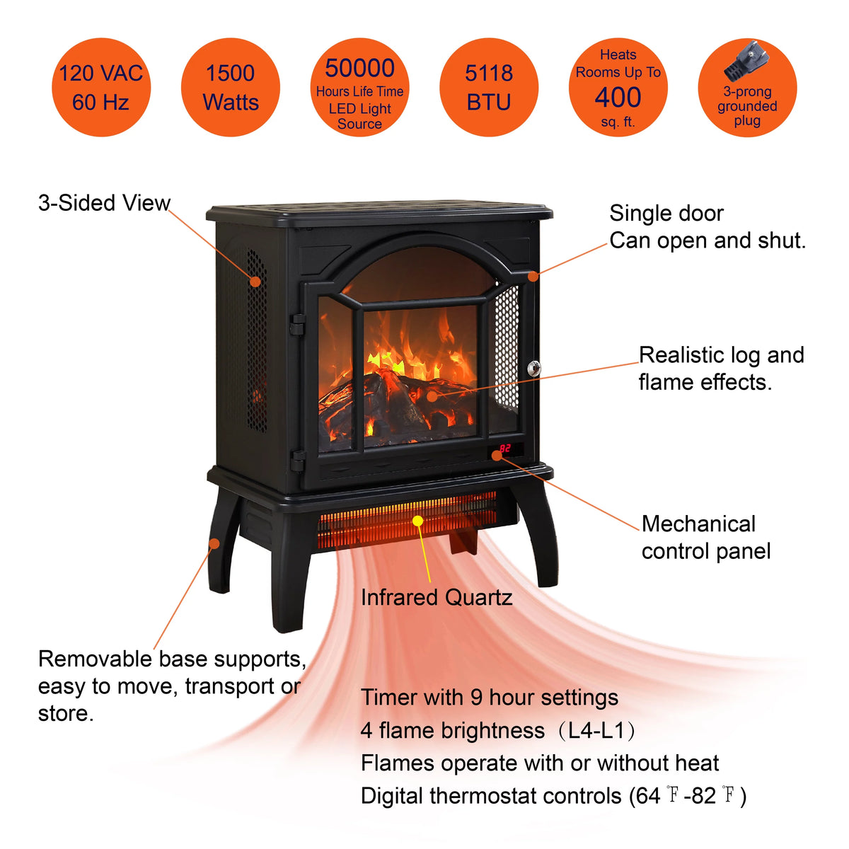 18" Electric Fireplace Stove with Remote Control Z3704