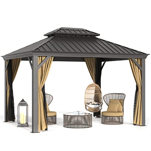 10x12 Double Roof Aluminum Gazebo with Side Walls and Mosquito Net X82866