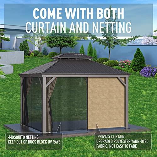 10x12 Double Roof Aluminum Gazebo with Side Walls and Mosquito Net X82866