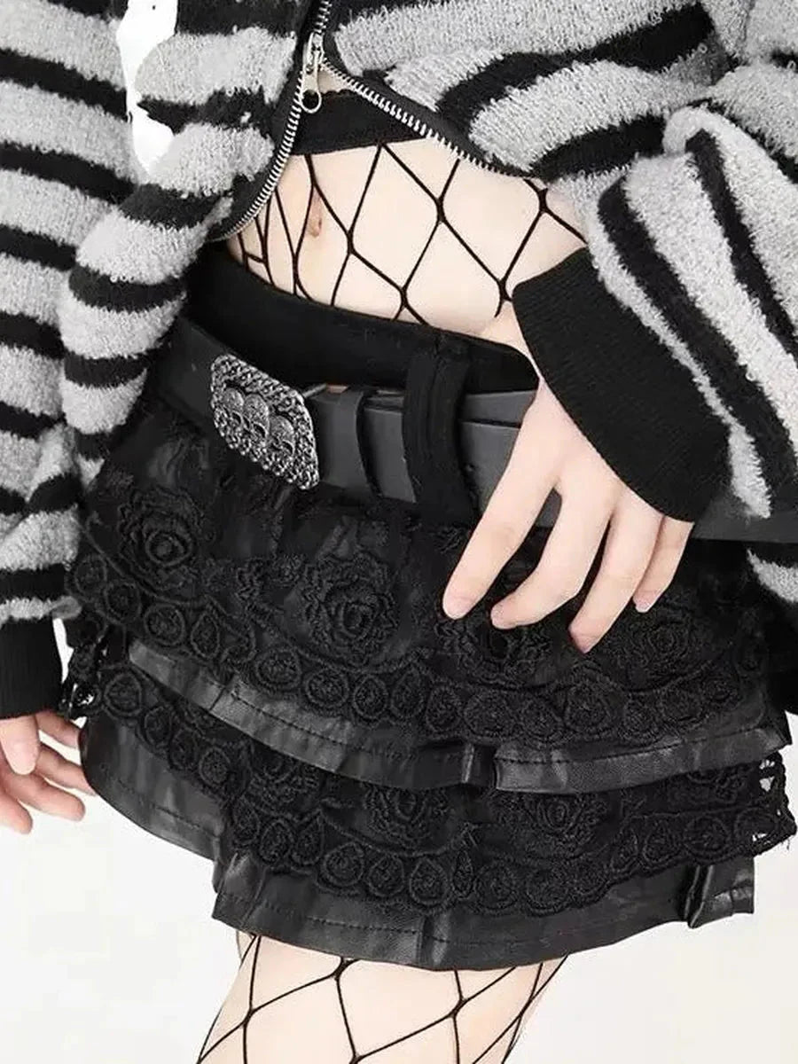Skull Belt Pu Leather Skirt N5697