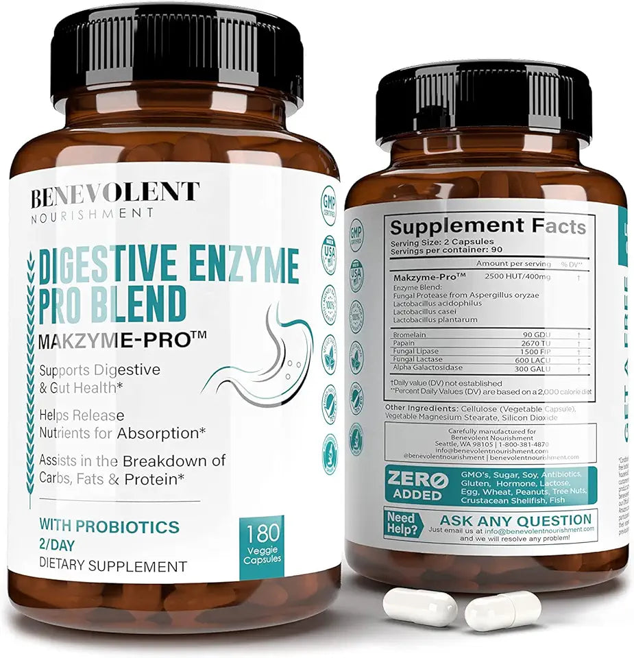 High Fiber Digestive Enzymes Supplement - 180 Capsules, Probiotics Plus Papaya, Bromelain X66173