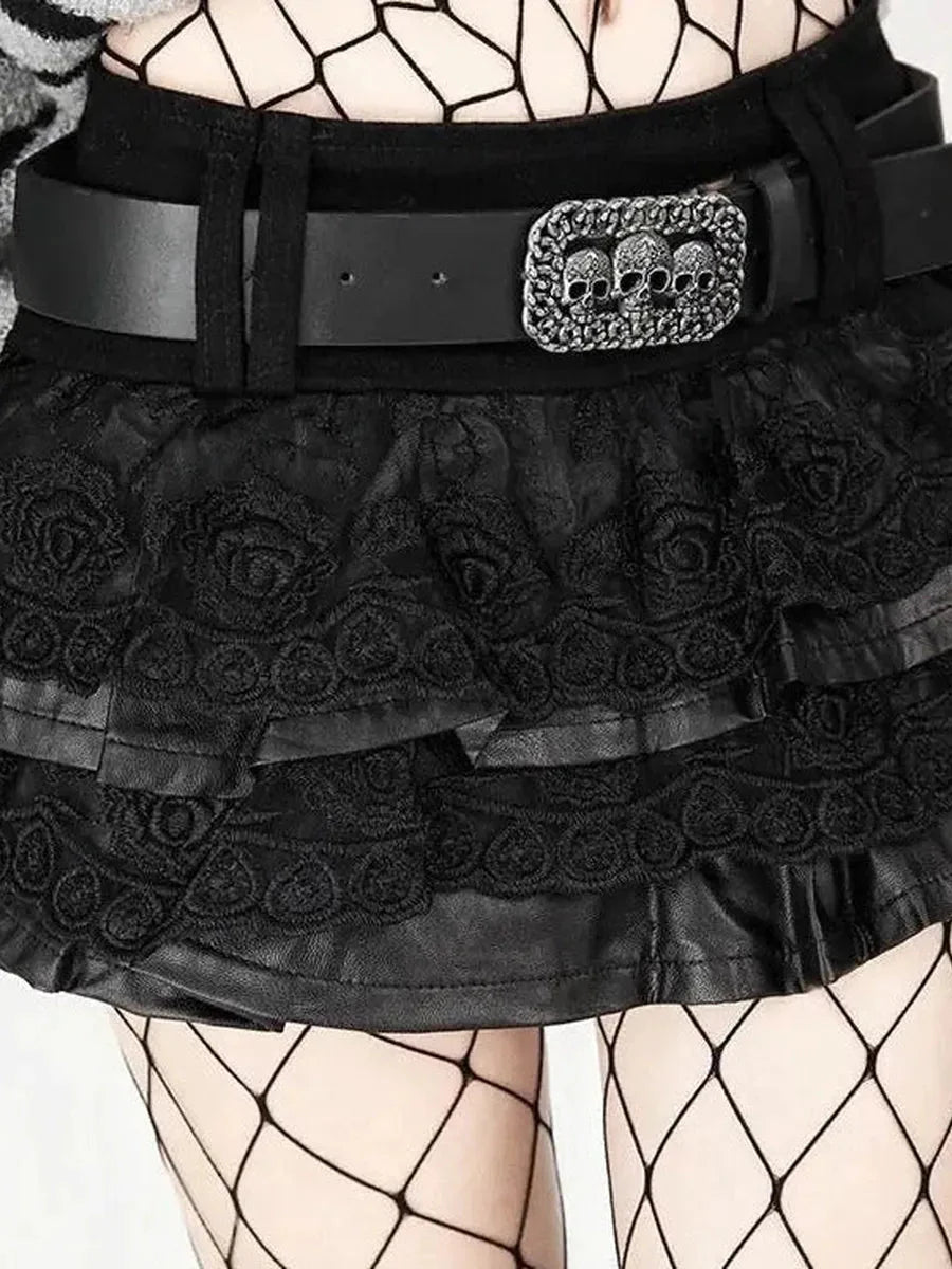 Skull Belt Pu Leather Skirt N5697